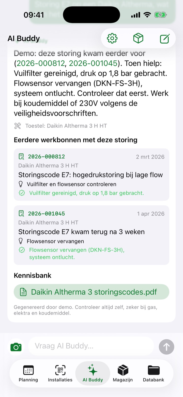AI Buddy met advies uit eerdere werkbonnen en de kennisbank