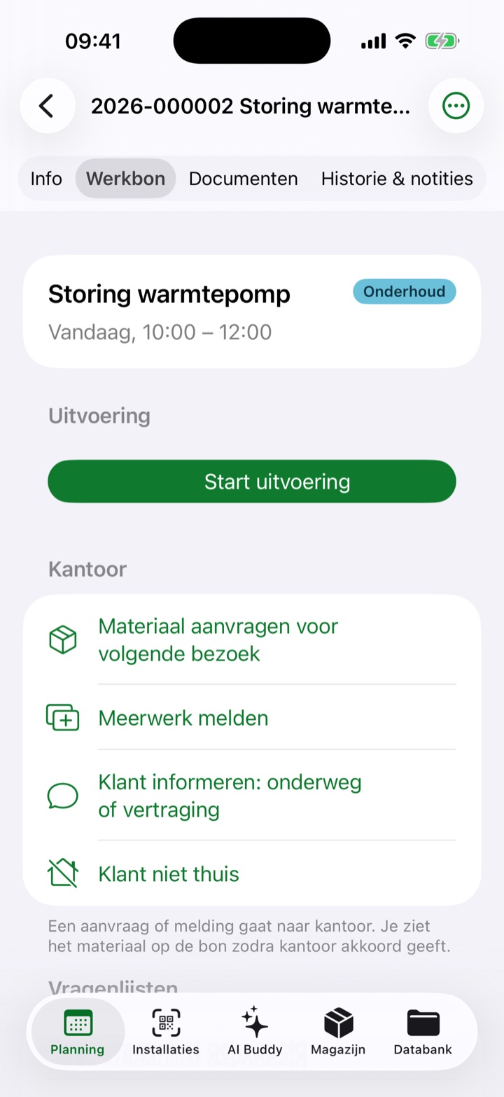 Werkbon in de app met uitvoering en acties voor kantoor